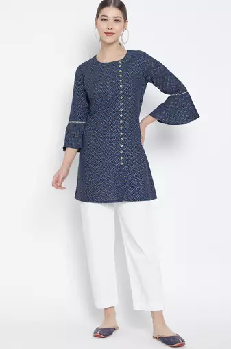 Women'S Zig Zag Printed Short Kurti (Blue)