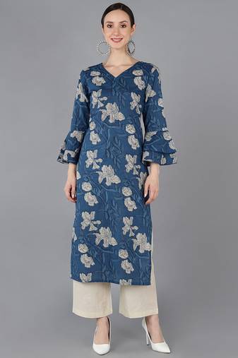 Women navy-blue printed rayon ethnic kurti
