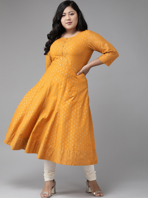 Women'S Plus Size Cotton Floral Print Anarkali Kurta (Mustard) 1