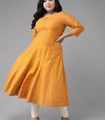 Women'S Plus Size Cotton Floral Print Anarkali Kurta (Mustard)