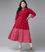 Women'S Plus Size Cotton Ikat Printed A-Line Kurta (Red)