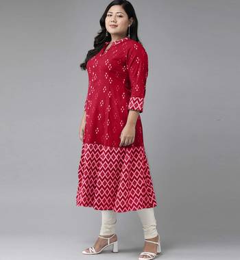 Women'S Plus Size Cotton Ikat Printed A-Line Kurta (Red) 2