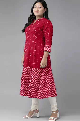 Women'S Plus Size Cotton Ikat Printed A-Line Kurta (Red)