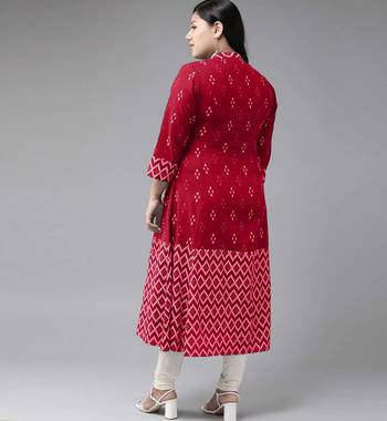 Women'S Plus Size Cotton Ikat Printed A-Line Kurta (Red) 3