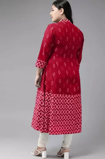 Women'S Plus Size Cotton Ikat Printed A-Line Kurta (Red)