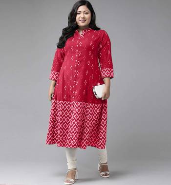 Women'S Plus Size Cotton Ikat Printed A-Line Kurta (Red) 4