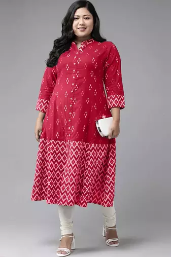 Women'S Plus Size Cotton Ikat Printed A-Line Kurta (Red)