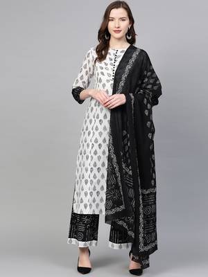  women's plus size cotton floral printed straight kurta with palazzo & dupatta set (white & balck) 1