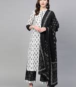 Yash gallery women's plus size cotton floral printed straight kurta with palazzo & dupatta set (white & balck)