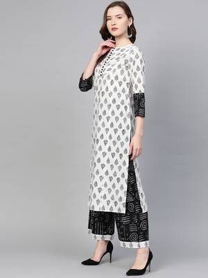  women's plus size cotton floral printed straight kurta with palazzo & dupatta set (white & balck) 2