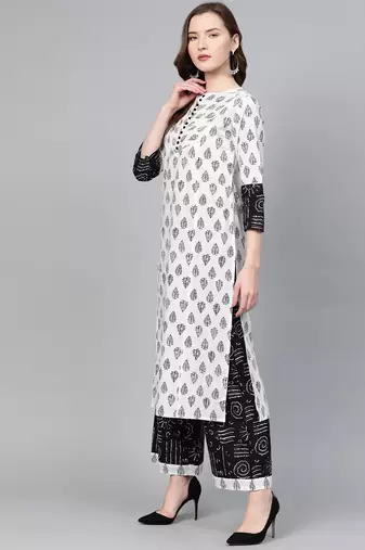  women's plus size cotton floral printed straight kurta with palazzo & dupatta set (white & balck)