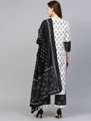  women's plus size cotton floral printed straight kurta with palazzo & dupatta set (white & balck) 3