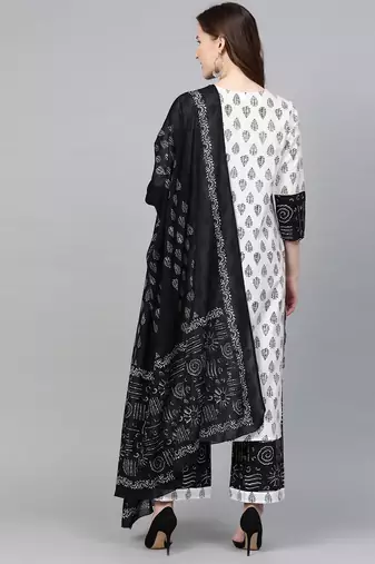  women's plus size cotton floral printed straight kurta with palazzo & dupatta set (white & balck)