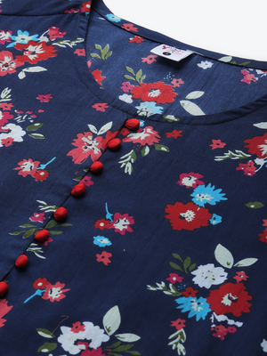 Women'S Cotton Floral Printed Flared Top (Blue) 2