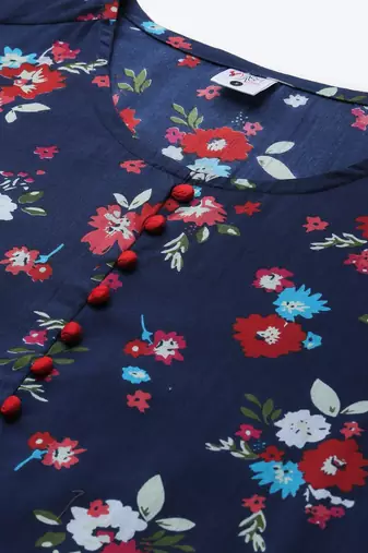 Women'S Cotton Floral Printed Flared Top (Blue)