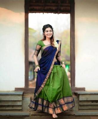 Navy Blue Half Saree and Blouse With Zari Work - Semi Stitched 1