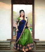 Navy Blue Half Saree and Blouse With Zari Work - Semi Stitched