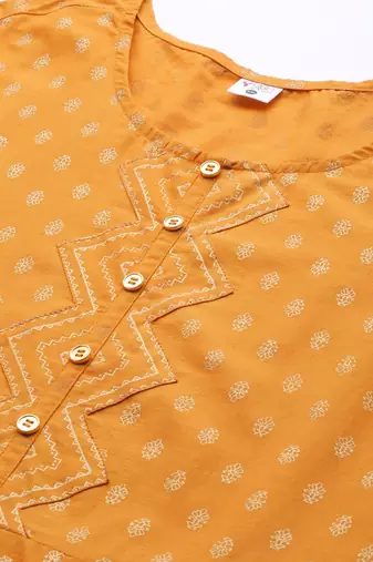 Women'S Plus Size Cotton Floral Print Anarkali Kurta (Mustard)