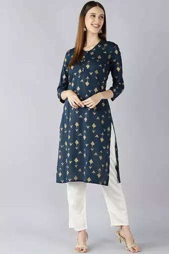 Women blue printed cotton ethnic kurti