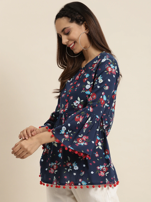 Women'S Cotton Floral Printed Flared Top (Blue) 3