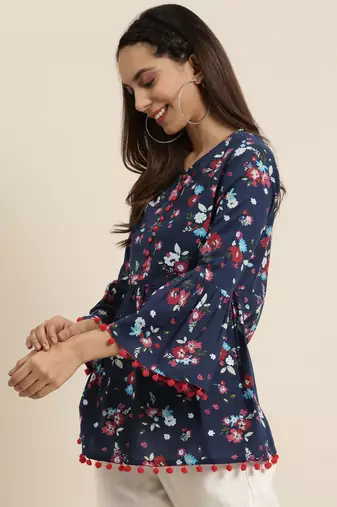 Women'S Cotton Floral Printed Flared Top (Blue)