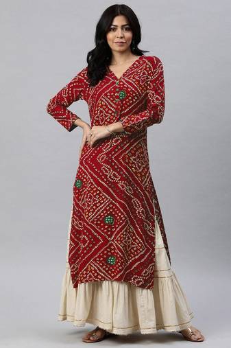 Women red printed rayon ethnic kurti
