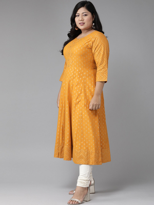 Women'S Plus Size Cotton Floral Print Anarkali Kurta (Mustard) 3