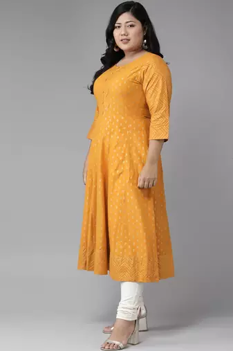 Women'S Plus Size Cotton Floral Print Anarkali Kurta (Mustard)