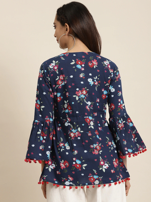 Women'S Cotton Floral Printed Flared Top (Blue) 4