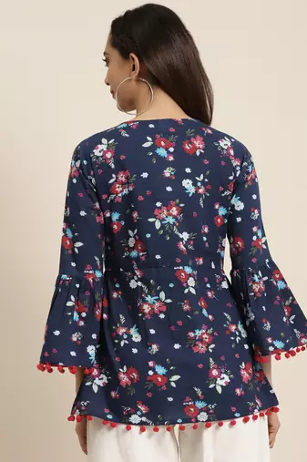 Women'S Cotton Floral Printed Flared Top (Blue)