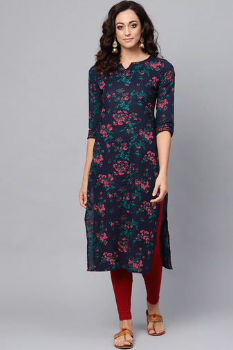 Women blue printed rayon ethnic kurti