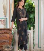Women'S Black Chikankari Printed Straight Kurta With Pant Set (Black)