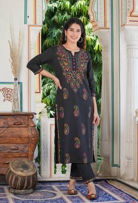 Women'S Black Chikankari Printed Straight Kurta With Pant Set (Black) 4