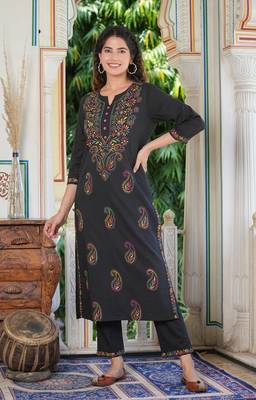 Women'S Black Chikankari Printed Straight Kurta With Pant Set (Black) 5