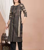 Women'S Ikat Printed Straight Kurta With Pant & Dupatta (Black)
