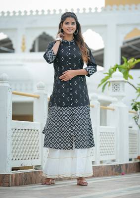 Women'S Cotton Ikat Printed A-Line Kurta (Black) 1