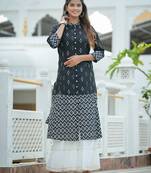 Women'S Cotton Ikat Printed A-Line Kurta (Black)