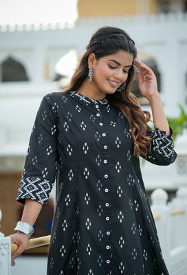 Women'S Cotton Ikat Printed A-Line Kurta (Black) 5