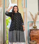 Women'S Plus Size Cotton Ikat Printed A-Line Kurta (Black)