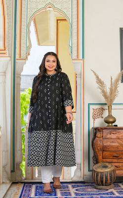 Women'S Plus Size Cotton Ikat Printed A-Line Kurta (Black) 3