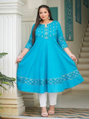 Women'S Cotton Floral Printed Anarkali Kurta (Teal) 1