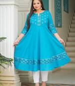 Women'S Cotton Floral Printed Anarkali Kurta (Teal)