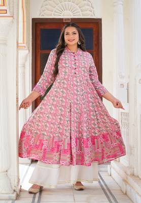  women's plus size geomatrical printed anarkali kurti (pink) 1