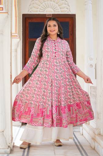 Yash gallery women's plus size geomatrical printed anarkali kurti (pink)