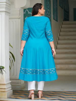 Women'S Cotton Floral Printed Anarkali Kurta (Teal) 2