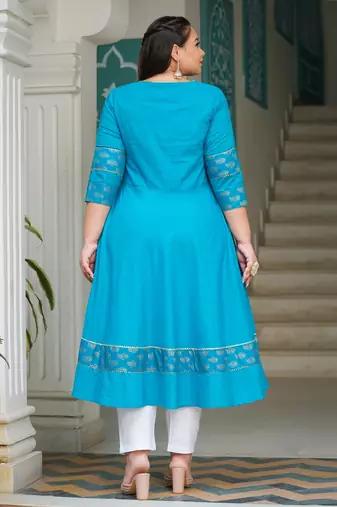 Women'S Cotton Floral Printed Anarkali Kurta (Teal)