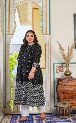Women'S Plus Size Cotton Ikat Printed A-Line Kurta (Black) 4