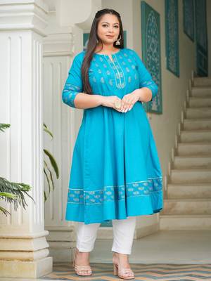 Women'S Cotton Floral Printed Anarkali Kurta (Teal) 3