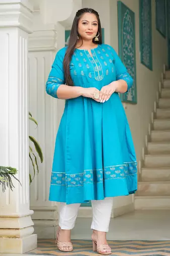 Women'S Cotton Floral Printed Anarkali Kurta (Teal)