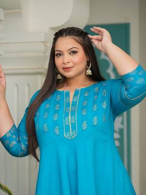 Women'S Cotton Floral Printed Anarkali Kurta (Teal) 4